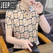JEEP SPIRIT男士短袖T恤夏季新款冰絲半袖有領(lǐng)印花polo商務(wù)休閑體恤保羅衫 1卡其色 L 106-120斤