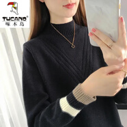 啄木鳥針織衫女加/絨加厚秋冬新款毛衣女半高領寬松外穿加厚內(nèi)搭保暖 黑色【不加/絨】 XL 建議120-130斤穿