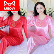 貓人（MiiOW）冰絲綢睡衣女春秋季冰仿真絲薄長(cháng)袖兩件套裝睡衣家居服女士夏季 雙長(cháng)(大紅色+西瓜紅) XL (110 125斤)