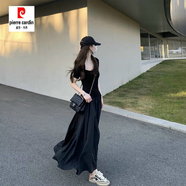 皮爾卡丹（pierre cardin）高端輕奢真絲桑蠶絲連衣裙短袖連衣裙女夏款方領(lǐng)氣質(zhì)真連衣裙 黑色(建議158身高以上) L