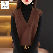 啄木鳥羊毛針織衫馬甲女2025新款洋氣顯瘦短款v領(lǐng)馬夾疊穿外搭毛衣背心 咖啡色 XL 120-130斤