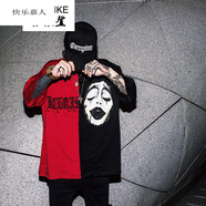 快樂嘉人暗黑系短袖T恤男女潮流街頭刺繡黑紅拼接小丑高街中袖體恤衣服男 紅拼黑 XL