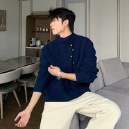 曼迪尚新中式不規則紐扣設計感半高領(lǐng)毛衣男女秋冬款潮牌痞帥慵懶針織衫 藍色 M