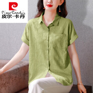 皮爾卡丹純棉短袖襯衫女夏季寬松翻領(lǐng)上衣中年母親裝棉麻提花開衫短袖襯衣 綠色 L