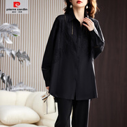 皮爾卡丹（pierre cardin）純棉襯衫女2025春秋新款蕾絲拼接港風(fēng)襯衣中長(cháng)款顯瘦洋氣上衣 黑色 M