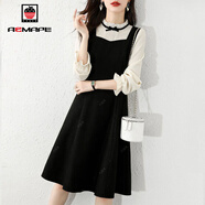 AEMAPE小香風(fēng)春夏季假兩件連衣裙女2026新款時(shí)尚氣質(zhì)蕾絲長(cháng)袖裙子女裝秋 黑色 S