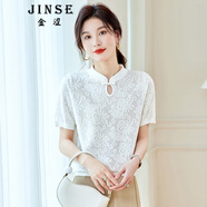 金澀 JS國風(fēng)針織短袖T恤上衣女 新中式針織衫小衫短袖2024夏季新款 米白色 XL