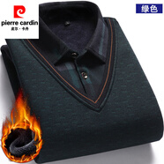 皮爾卡丹加絨加厚假兩件針織衫中老年套頭毛衣襯衫領(lǐng)長袖打底衫保暖上衣 【復合一體絨】提花款綠色 3XL