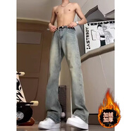 柯菲沃美式潮牌高街vibe風(fēng)加絨褲子男高個(gè)子復古藍彎刀牛仔褲直筒微喇褲 極潮幫-F343藍色（配腰帶）加絨 M