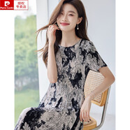 皮爾卡丹（pierre cardin）夏季新款連衣裙女寬松彈力顯瘦遮肚時(shí)尚印花裙輕薄透氣褶皺連衣裙 灰色 M 90-105斤