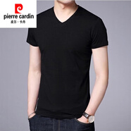 皮爾卡丹（pierre cardin）短袖T恤男青年夏季V領(lǐng)棉質(zhì)新款男士修身純色雞心領(lǐng)體恤衫潮流上衣 純色黑色V領(lǐng)短袖單件 4XL (180-195斤)