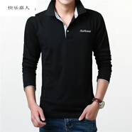 快樂(lè)嘉人 長(zhǎng)袖t恤男士中年純色翻領(lǐng)商務(wù)POLO領(lǐng)衫2022春秋季新款爸爸裝打底 黑色灰領(lǐng) L