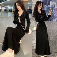蓉月閣黑色連帽連衣裙秋冬季新款韓版修身赫本風(fēng)百搭顯瘦氣質(zhì)中長(cháng)款裙子 黑色(連衣裙) S 70--90斤穿