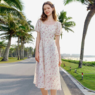 樂町肌理感芝芝莓莓泡泡袖連衣裙方領(lǐng)碎花連衣裙法式收腰 米白（現(xiàn)貨） M