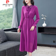 皮爾卡丹（pierre cardin）春秋娃娃領(lǐng)雪紡連衣裙長袖新款大碼長款修身收腰顯瘦長裙波點 紫色 2XL