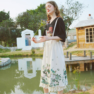 兩三事梵高文藝 時(shí)至花季 2025春季新款蕾絲拼接印花可拆背帶半身裙 杏色 S