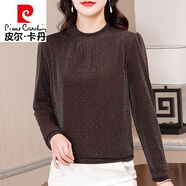 皮爾卡丹（pierre cardin）中年媽i媽寬松打底衫女士裝秋季新款休閑長袖網(wǎng)紗T恤洋氣遮肚上衣 咖啡色 常規(guī)款 M 90-105斤