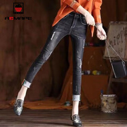 AEMAPE褲子2025春秋冬季新款女裝牛仔褲女彈力黑色破洞九分褲高腰 黑色毛邊-破洞-199 26 _1尺9[約80-90斤]