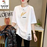 啄木鳥長款t恤女遮臀冰絲棉搭配鯊魚褲芭比褲上衣短袖女2025春夏新 白色中長款短/袖(麥子) L110-125斤穿