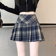 兔嵐安可拉紅毛呢短裙女秋冬2024年新款格子百褶裙半身裙復(fù)古高腰A字 黑色格子 XL