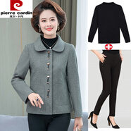 皮爾卡丹（pierre cardin）一套搭配好的媽媽春秋裝小香風(fēng)上衣中年秋冬裝洋氣中老年短款外套 綠色+毛衣+小腳褲 L (建議85-100斤)