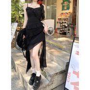 億梵莎（YIFANSHA） 碎花吊帶連衣裙2024春夏裝新款氣質(zhì)女神范開叉設(shè)計(jì)感仙女中長裙 黑色吊帶裙（單件） 均碼（可備注碼數(shù)）