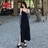 UKMR法式氣質高腰顯瘦針織碎花吊帶連衣裙+防曬開衫上衣兩件套 印花吊帶裙 M