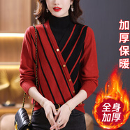 歌米拉（Gemila）加厚毛衣女條紋假兩件秋冬寬松半高領打底衫洋氣內(nèi)搭上衣針織衫 紅色 加厚 M 【建議100-110斤】