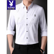 花花公子加絨襯衫男冬季保暖桑蠶絲襯衣中年寬松加厚本命年爸爸裝 白色花-Z字春秋襯衫 白色 39 165/M/推薦100-125 斤穿