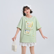 森女部落童話森林原創(chuàng)治愈系插畫短袖T恤圓領(lǐng)花邊小清新上衣閨蜜夏季新款 綠色T恤（單件）（單件） M