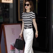 BVX炸街休閑運(yùn)動(dòng)套裝女夏高端時(shí)尚洋氣短袖條紋t恤闊腿褲時(shí)尚兩件套 條紋 M