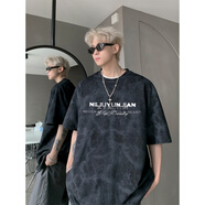 黑盒白美式扎染短袖t恤男2025夏季衣服男裝潮牌重磅寬松半袖情侶體恤男 黑色 常規(guī) 【建議拍大一碼】 XL 【130-150斤】