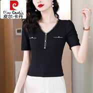 皮爾卡丹（pierre cardin）黑色針織短袖T恤女夏季2025新款洋氣小衫V領(lǐng)夏裝體恤冰絲上衣 黑色 3XL [140-155斤]