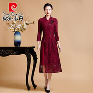 皮爾卡丹高檔媽媽婚宴禮服夏季蕾絲連衣裙改良喜婆婆婚宴裝旗袍遮肚顯瘦 酒紅色中袖 3XL