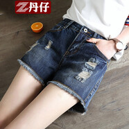 丹仔破洞牛仔短褲女夏新款熱褲寬松百搭毛邊韓版顯瘦a字闊腿短褲 6001深藍色 29
