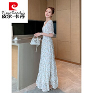 皮爾卡丹連衣裙女2024新款高個子加長版碎花雪紡?fù)系亻L裙到腳踝超長款夏季 白色 XL