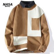 NASA MARVEL針織衫男韓版潮流拼接假兩件襯衫領(lǐng)毛衣男寬松百搭線衣男 8059卡其 L (約110~140斤可穿)