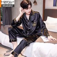 莫代爾休閑男士絲綢睡袍睡衣長(zhǎng)袖薄款韓版套裝帶短褲夏季繡花家居服 S002套裝男-黑 XL