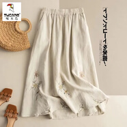 啄木鳥(niǎo)棉麻半身裙女夏季中長(cháng)款墜落感寬松刺繡文藝古典2025新款A字裙 麻色(有內襯) L