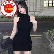 星際狼螺紋袖套性感高領(lǐng)2024新款連衣裙辣妹甜辣緊身純欲風(fēng)包臀裙收腰 黑色 均碼