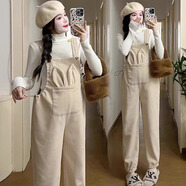 圖亞格孕婦背帶褲女小個子新款秋冬季燈芯絨大碼休閑外穿孕婦連體褲套裝 杏色背帶褲單件【春秋薄款】 M碼【建議90-115斤】
