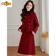 初徑小香風(fēng)毛呢套裝裙2025新款女冬季感氣質(zhì)名媛西裝半身裙兩件套 安可拉紅 M 建議(90-105斤)