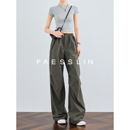 FAESSLIN【美式復(fù)古】抽繩速干沖鋒工裝褲女夏款傘兵褲薄款高腰闊腿休閑褲 灰綠色超長(zhǎng)版 褲長(zhǎng)112cm L