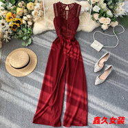 美安嘉連體褲女新款OL女裝心機(jī)鏤空露背無(wú)袖蕾絲拼接收腰顯瘦闊腿褲 大紅色 均碼