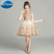 A 21 FUNB女童晚禮服高端小主持人花童兒童服裝婚紗鋼琴演出服女孩連衣裙子 香檳色短款（預(yù)售） 130