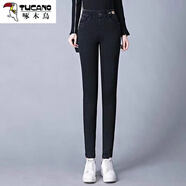 啄木鳥(niǎo)（TUCANO）加厚羊羔絨牛仔褲女士冬季加絨大碼胖mm松緊高腰緊身小腳靴褲外穿 黑灰【春秋單褲】 33【建議150-160斤】