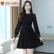 寇夫人加絨長(cháng)袖連衣裙女早秋冬短裙蕾絲雪紡過(guò)膝氣質(zhì)收腰顯瘦打底連身裙 黑色(加絨加厚) 2XL