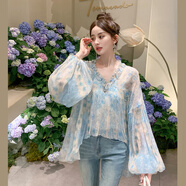 BEQUEENSTORY【邂逅美索不達(dá)米亞】優(yōu)雅氣質(zhì)連衣裙&套裝系列女裝 卡普里藍(lán)燈籠袖（上衣＋吊帶） S(90-100斤)