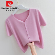 皮爾卡丹（pierre cardin）冰絲短袖t恤女2025新款針織衫薄夏季時(shí)尚開衫V領(lǐng)上衣打底衫 粉色【/2023】 L