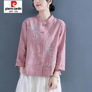 皮爾卡丹（pierre cardin）撿漏專柜撤回品牌尾貨女中式盤扣茶服上衣刺繡棉麻長袖襯衫 粉紅色  L 建議90-105斤